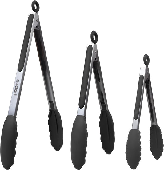 Popco 3-Piece Kitchen Tongs Set – Stainless Steel Heat Resistant Silicone Tips, Strong Comfort Grip, 3 Sizes (7, 9, 12 Inch), Non-Scratch, Dishwasher Safe, For Cooking, BBQ, Salad