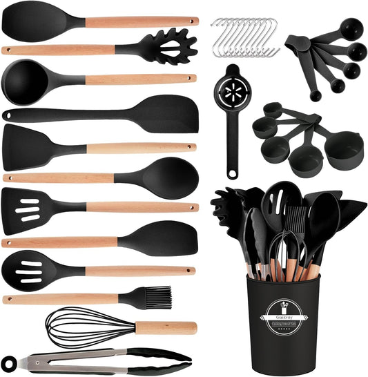 Kitchen Utensils Set - 34 PCS Non-Stick Silicone Cooking Utensils Set Spatula Set with Holder, Wooden Handle Spoon,Brush,Whisk Kitchen Gadgets Tools Set for Nonstick Cookware (Black-34P)